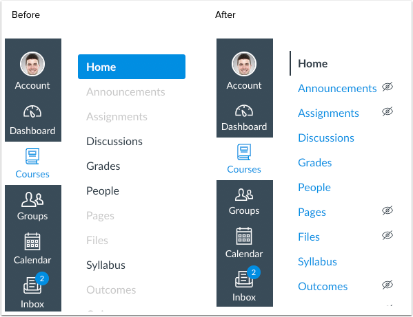 image showing before and after changes to course nav menu