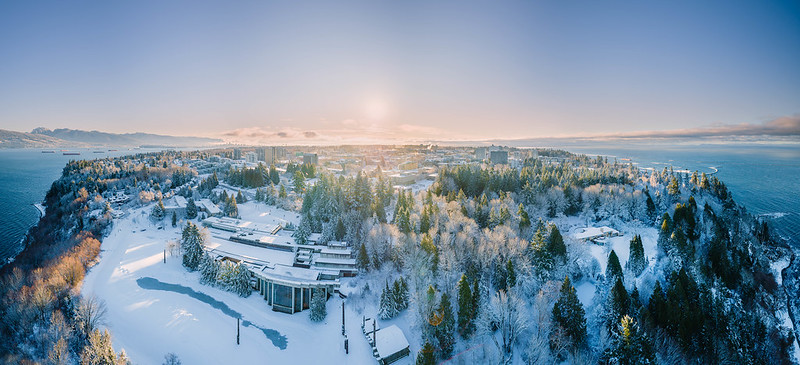 Ariel view of UBC covered in snow