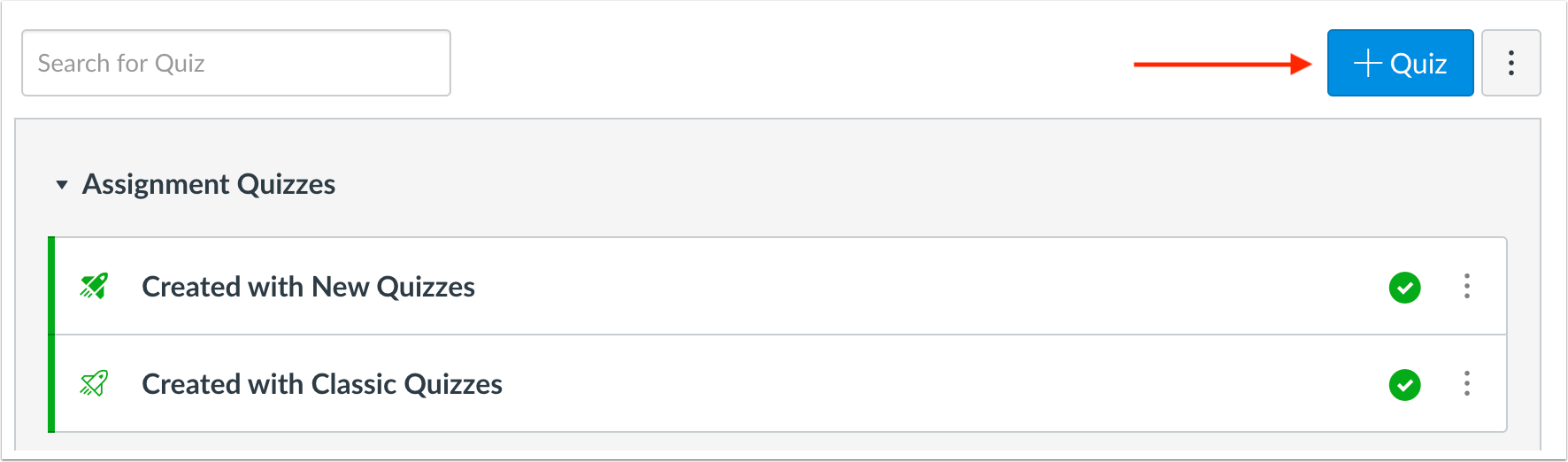 Canvas Quizzes area pointing at +Quiz button