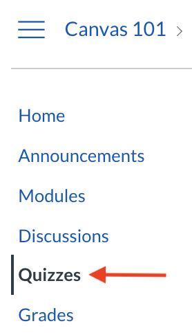Course navigation menu with arrow pointing to Quizzes