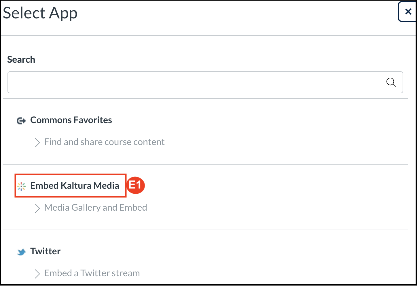 External Apps window with Embed Kaltura Media button labelled