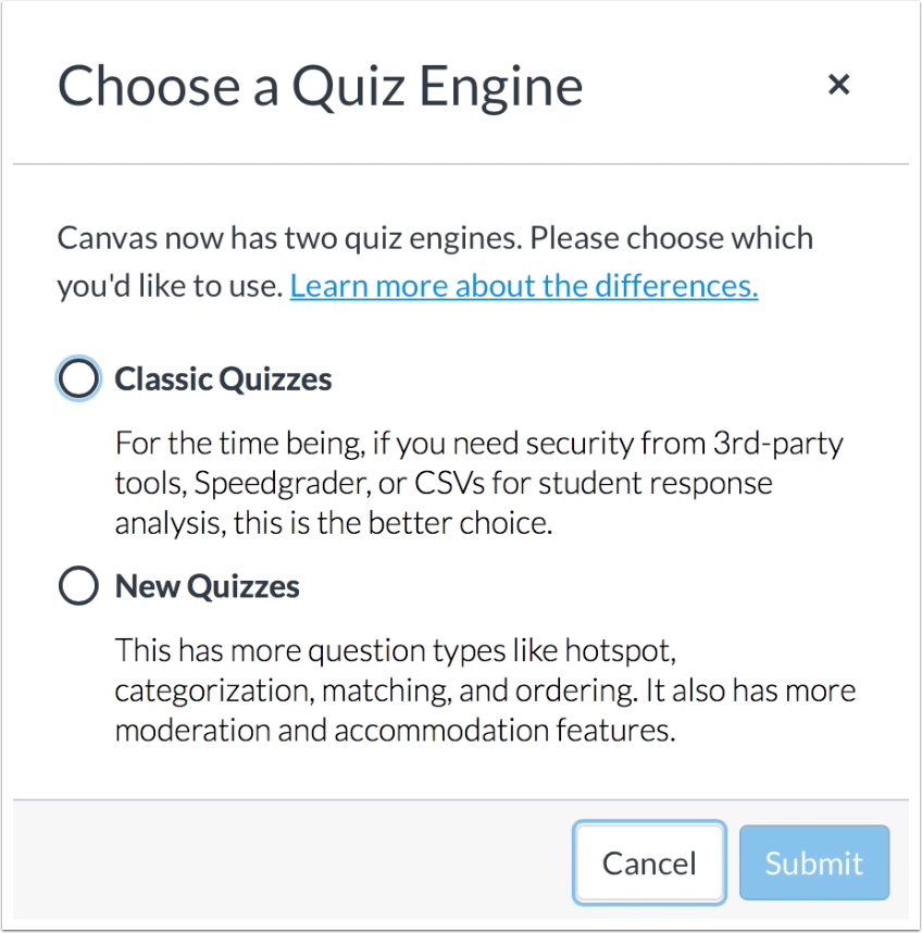 Prompt to choose a quiz engine: Classic Quizzes or New Quizzes