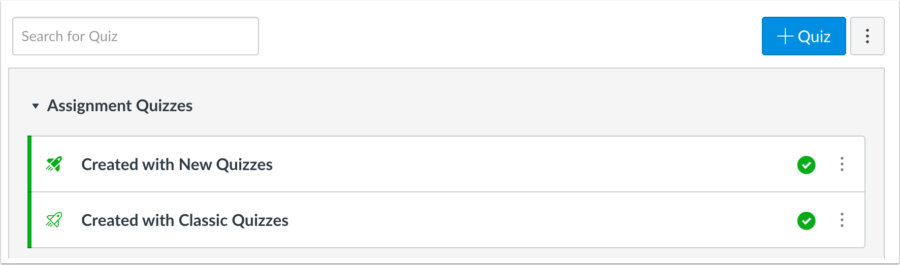 New Quizzes with a rocket icon filled in and Classic Quizzes with an outline of a rocket icon